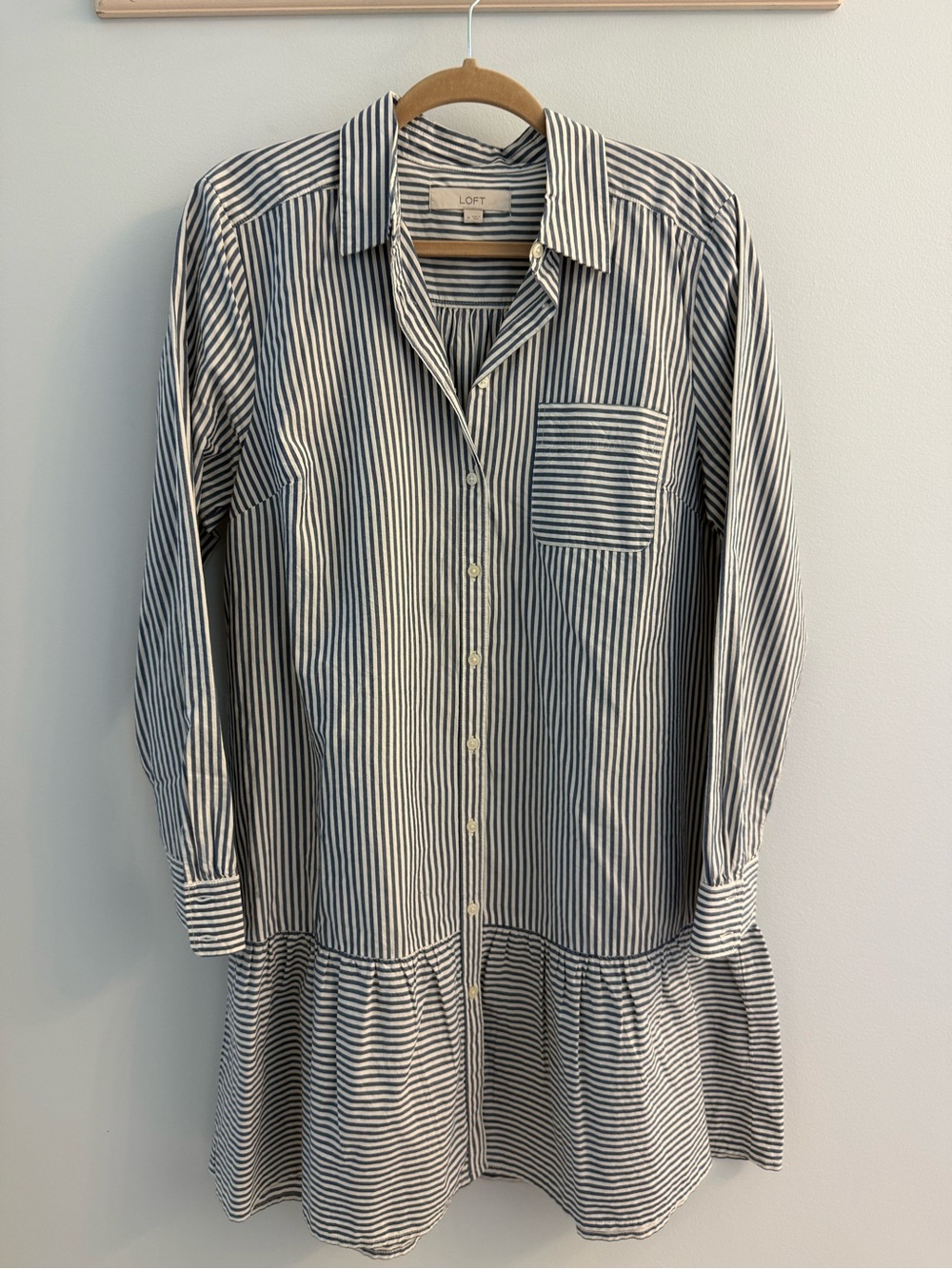LOFT Navy and White Striped Long-Sleeve Shirt Dress